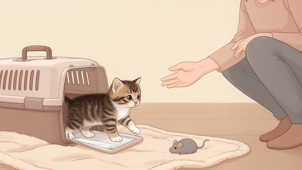 Un piccolo gattino tigrato esce da un trasportino verso una mano tesa e un topolino giocattolo.