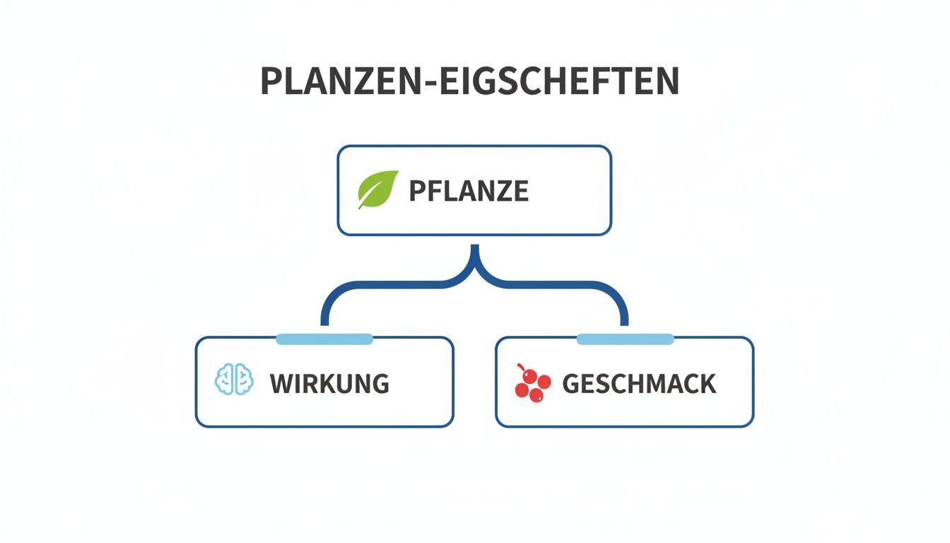 Ein Diagramm, das die Eigenschaften einer Pflanze darstellt: Pflanze, Wirkung und Geschmack mit Icons.