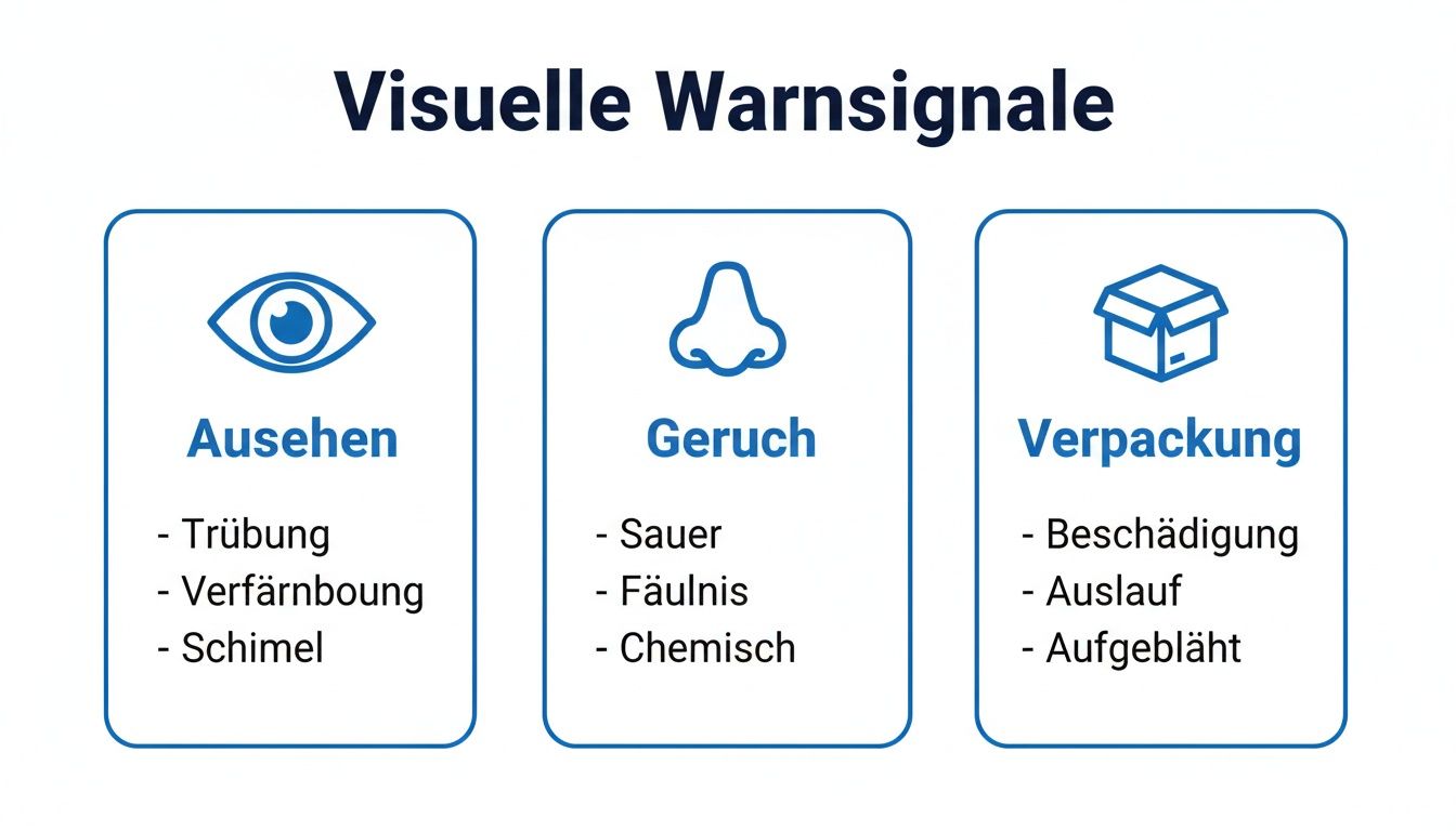 Infografik über visuelle Warnsignale bei Produkten, unterteilt in Aussehen, Geruch und Verpackung, mit Beispielen für jedes Kriterium.