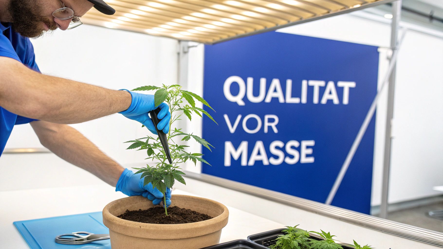 Ein Gärtner in blauen Handschuhen pflegt eine Cannabis-Pflanze, mit einem Schild 'QUALITÄT VOR MASSE' im Hintergrund.