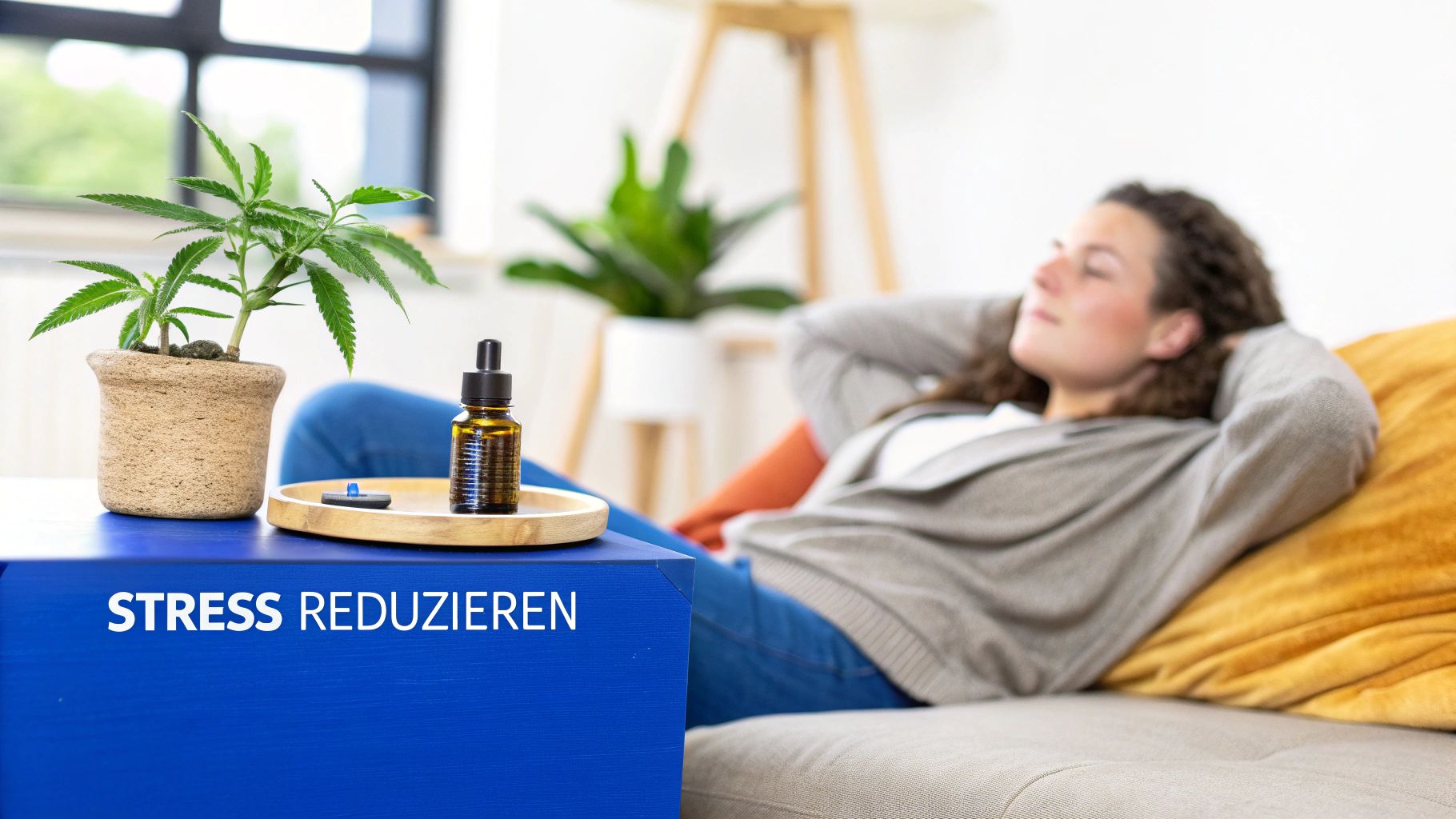 Eine Frau entspannt auf dem Sofa, im Vordergrund eine Hanfpflanze und ein CBD-Ölfläschchen auf einem Tisch. Schriftzug: Stress reduzieren.
