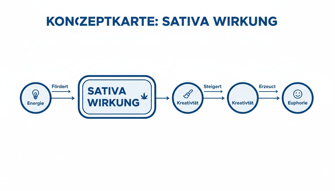 Eine Konzeptkarte zeigt die Wirkung von Sativa: Fördert Energie, steigert Kreativität und erzeugt Euphorie.