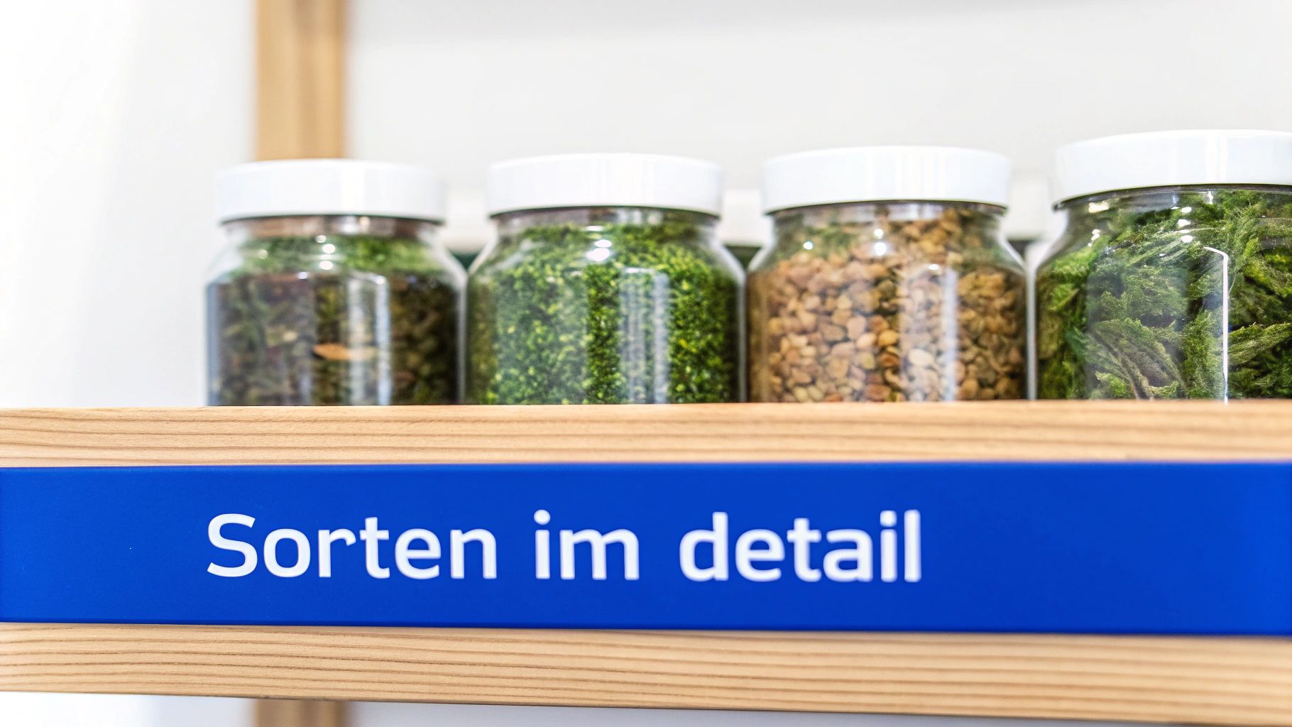 Vier Glasgefäße mit verschiedenen Pflanzenproben oder Sorten auf einem Holzregal mit blauer Beschriftung.