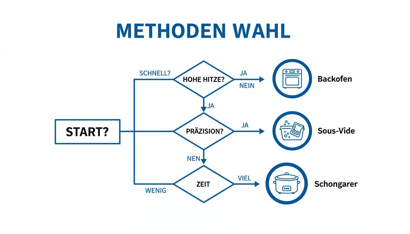 Flussdiagramm zur Auswahl der Kochmethode basierend auf Kriterien wie Schnelligkeit, Hitze, Präzision und Zeit.