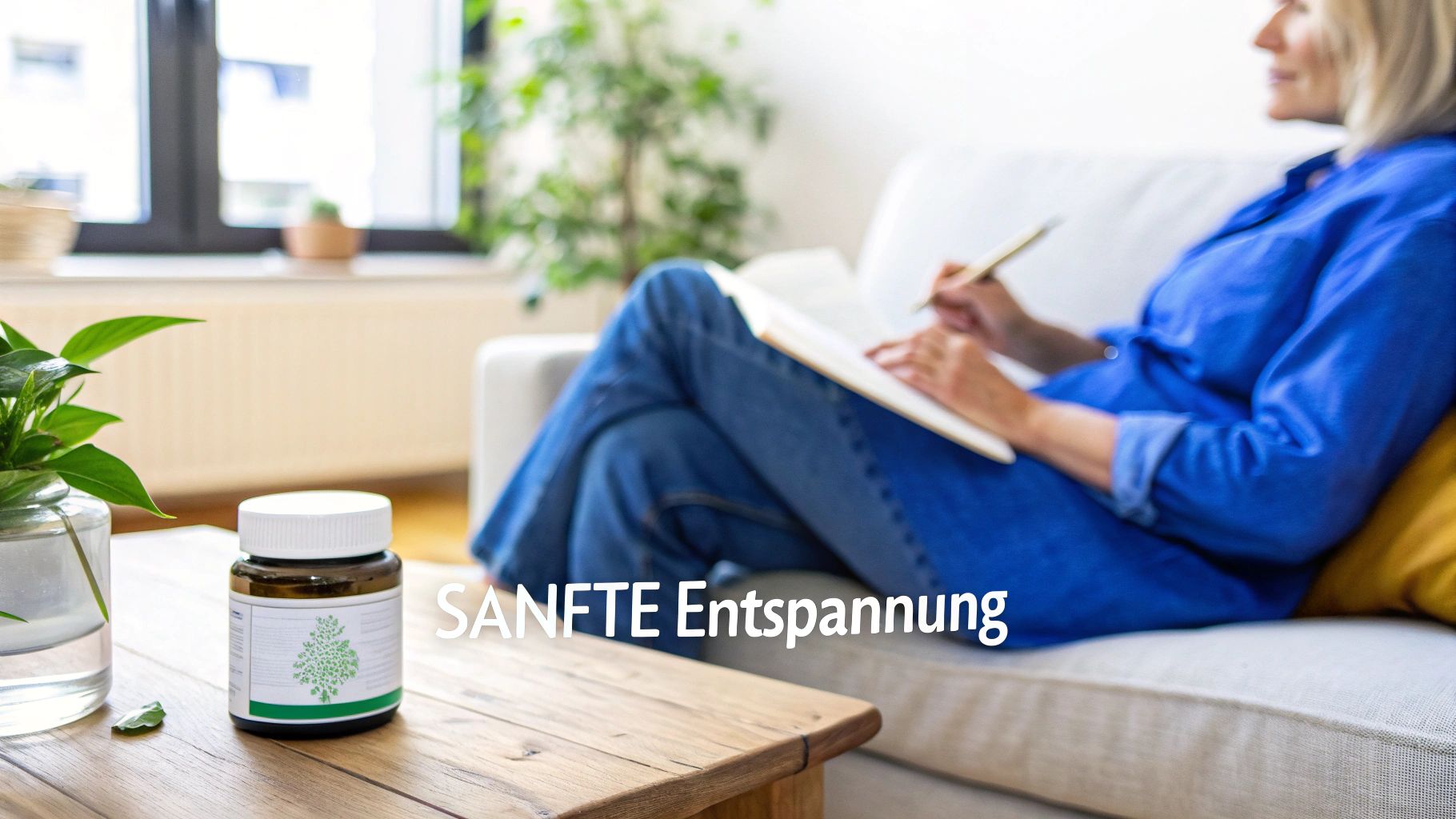 Eine entspannte Frau schreibt auf dem Sofa, im Vordergrund eine Flasche mit Pflanzenextrakt für sanfte Entspannung.