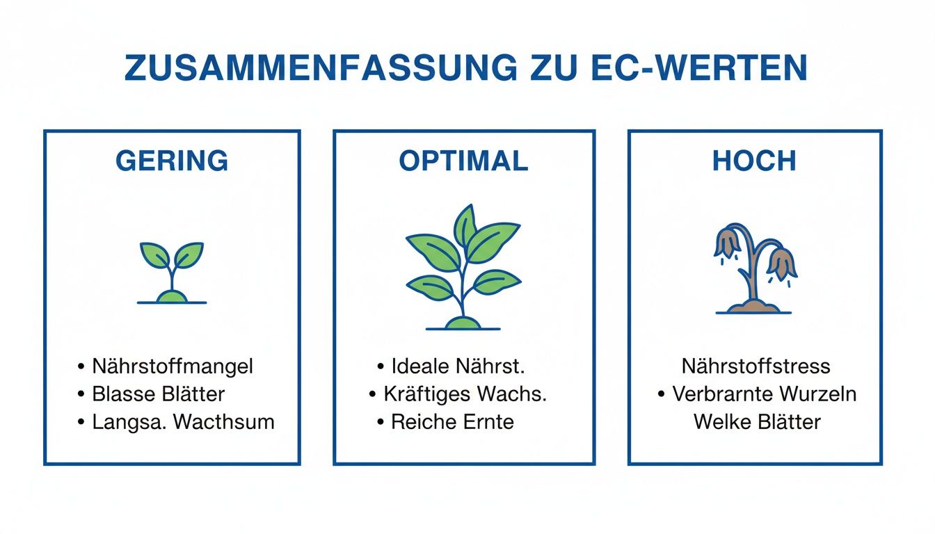 Übersicht der EC-Werte (gering, optimal, hoch) und ihre Auswirkungen auf das Pflanzenwachstum mit Symptomen.