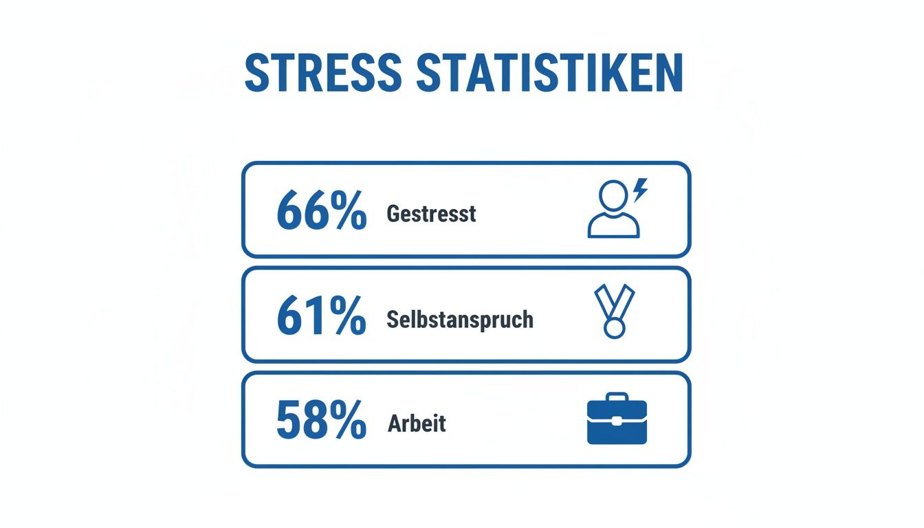 Stress Statistiken zeigen, dass 66% der Menschen gestresst sind, gefolgt von Selbstanspruch und Arbeit.