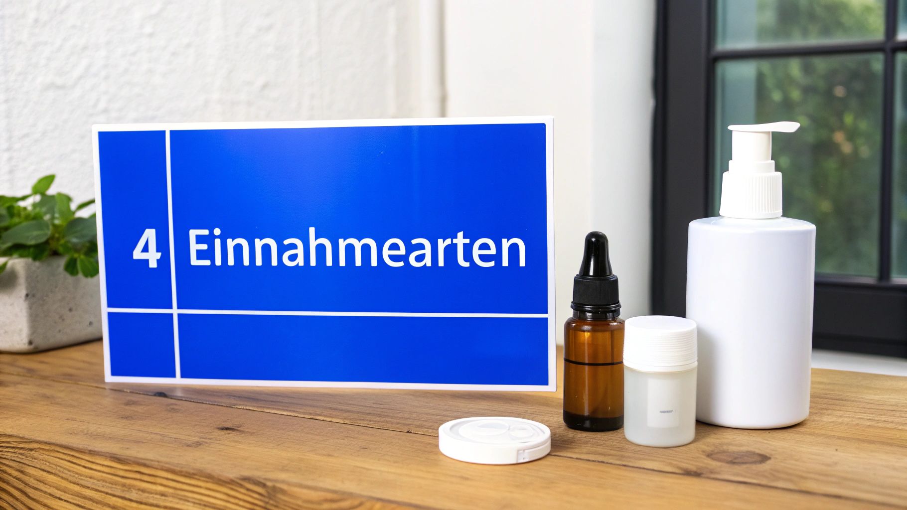 Ein blaues Schild mit der Aufschrift '4 Einnahmearten' steht auf einem Holztisch neben drei verschiedenen Flaschen und einem Behälter.