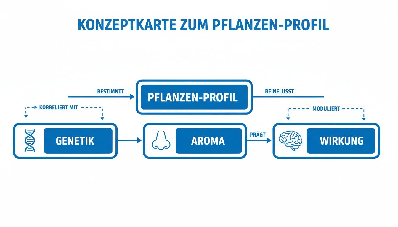 Konzeptkarte zum Pflanzen-Profil, die die Zusammenhänge von Genetik, Aroma, Wirkung und Pflanzen-Profil darstellt.