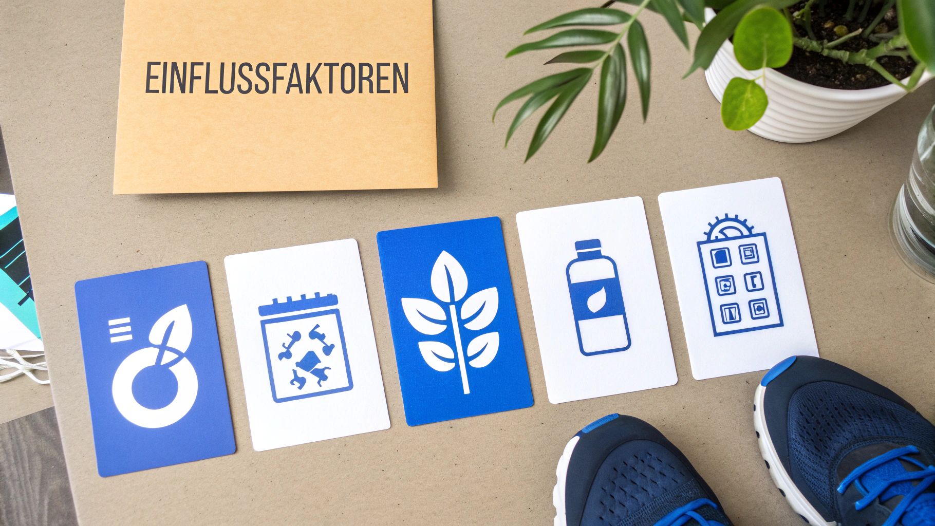 Übersicht von Karten mit Umweltschutz- und Nachhaltigkeitssymbolen neben einem Umschlag mit der Aufschrift 'Einflussfaktoren'.