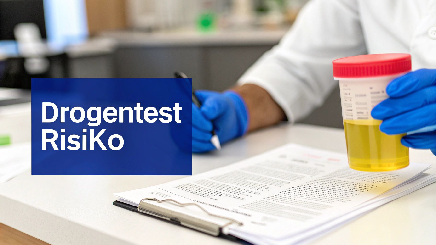 Laborarbeiter im Kittel mit blauen Handschuhen, hält eine Urinprobe und schreibt auf einem Formular. Schriftzug 'Drogentest RisiKo'.