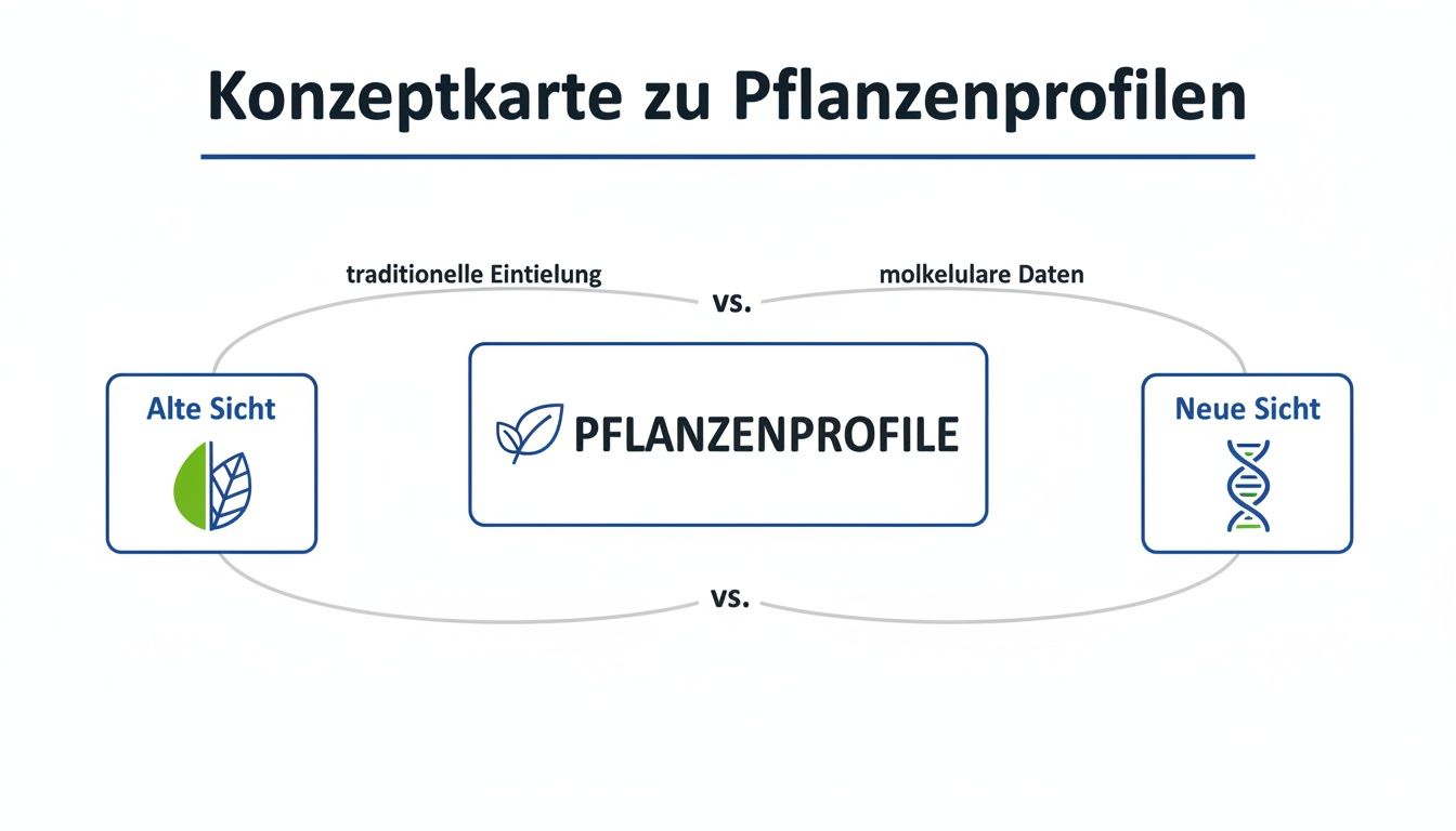 Konzeptkarte zu Pflanzenprofilen: Vergleich von traditioneller Einteilung und molekularen Daten für Pflanzenprofile.