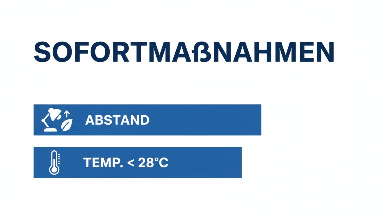 Übersicht der Sofortmaßnahmen mit Hinweisen zu Abstand halten und Temperatur unter 28°C, dargestellt in blauen Balken.