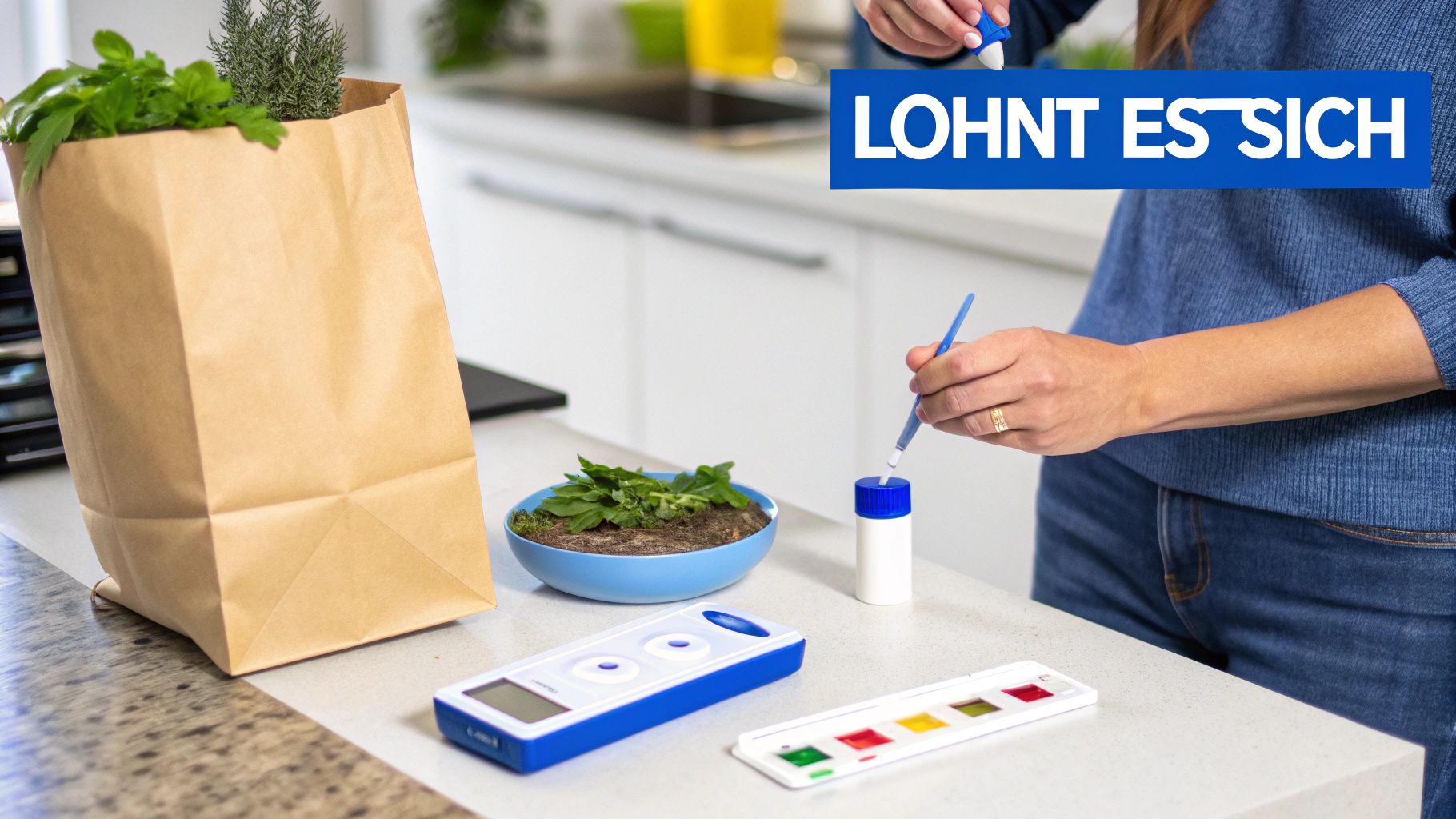 Eine Person testet die Erde einer Topfpflanze mit einem Messgerät und Pipette in der Küche. Kräuter in einer Tüte stehen daneben.