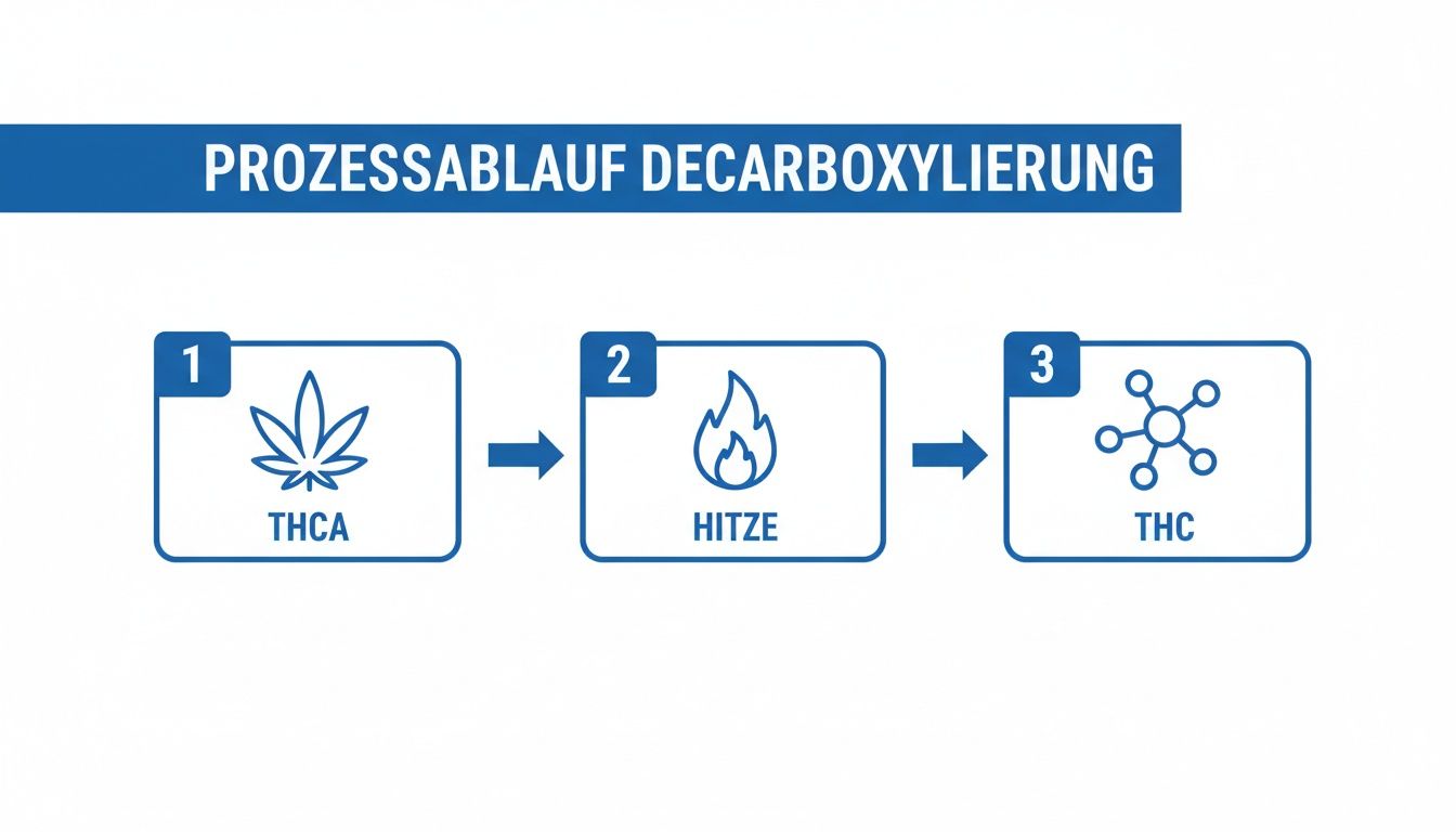 Ein Prozessdiagramm zur Decarboxylierung, das die Umwandlung von THCA zu THC durch Hitze darstellt.