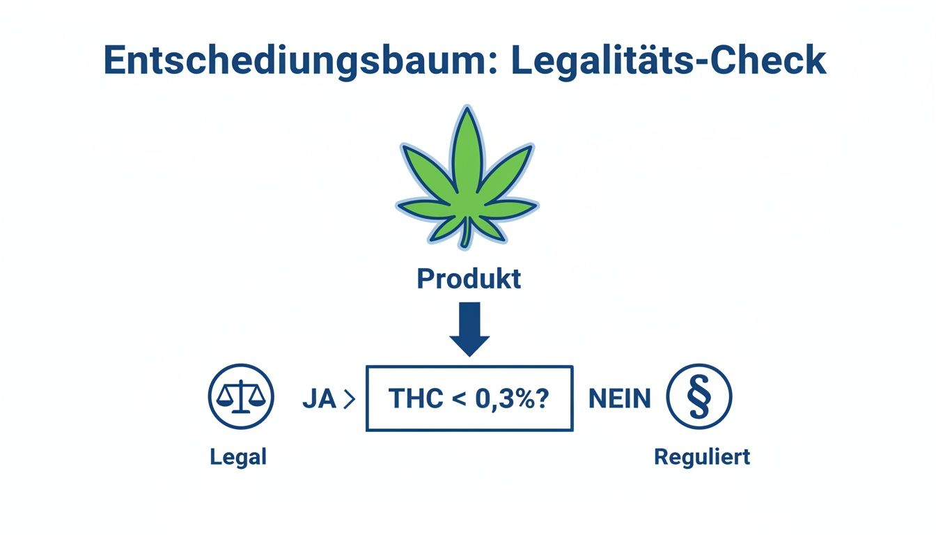 Entscheidungsbaum zum Legalitäts-Check für Produkte, der prüft, ob der THC-Gehalt unter 0,3% liegt.