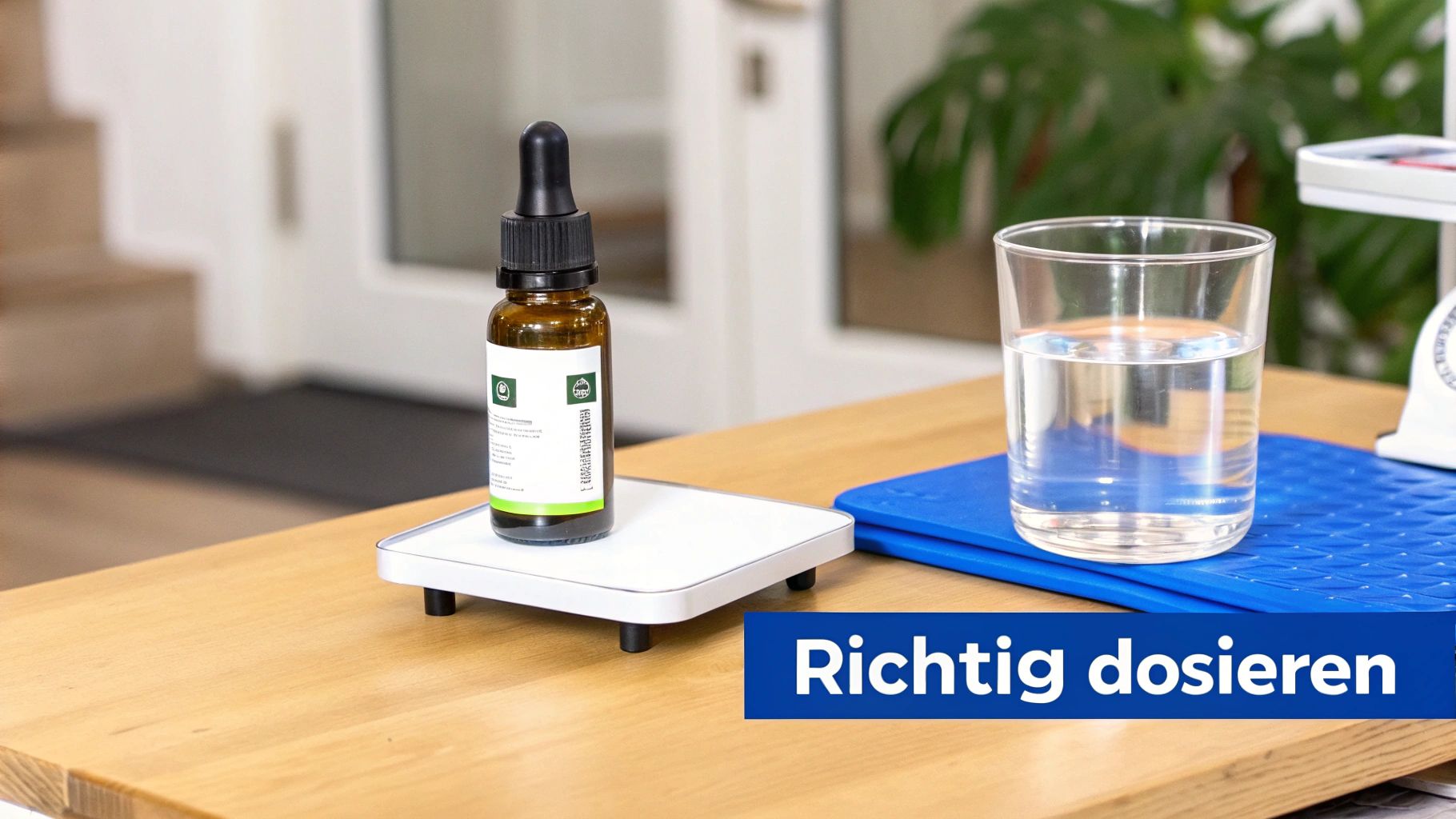 Eine braune Tropfflasche auf einer Waage neben einem Glas Wasser auf einem Holztisch, mit Text 'Richtig dosieren'.