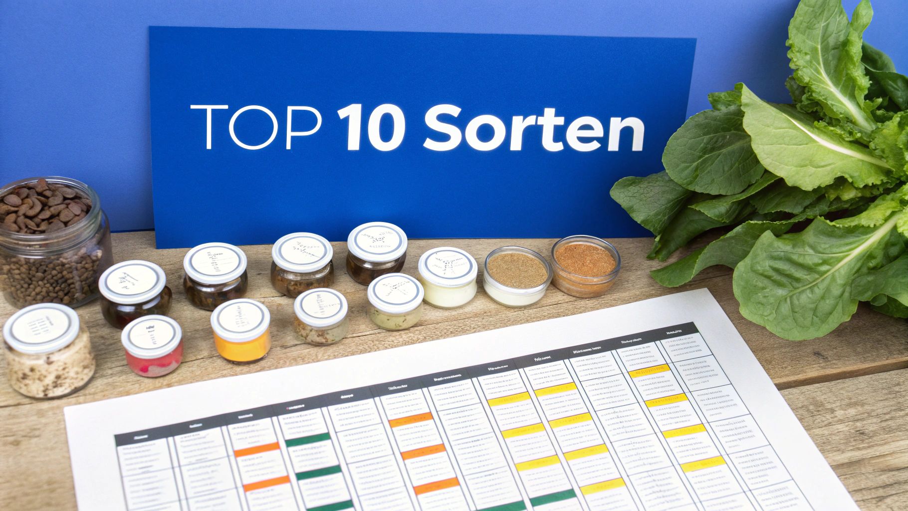 Blaue Tafel mit 'TOP 10 Sorten', Gläser mit Samen/Gewürzen, frischer Salat und Tabelle auf Holztisch.