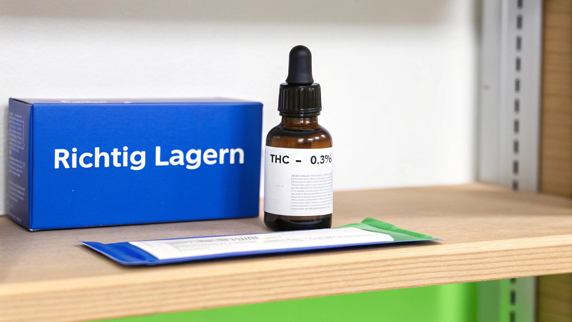 Eine blaue Box mit Aufschrift 'Richtig Lagern', eine THC-Ölflasche und ein Päckchen auf einem Holzregal.