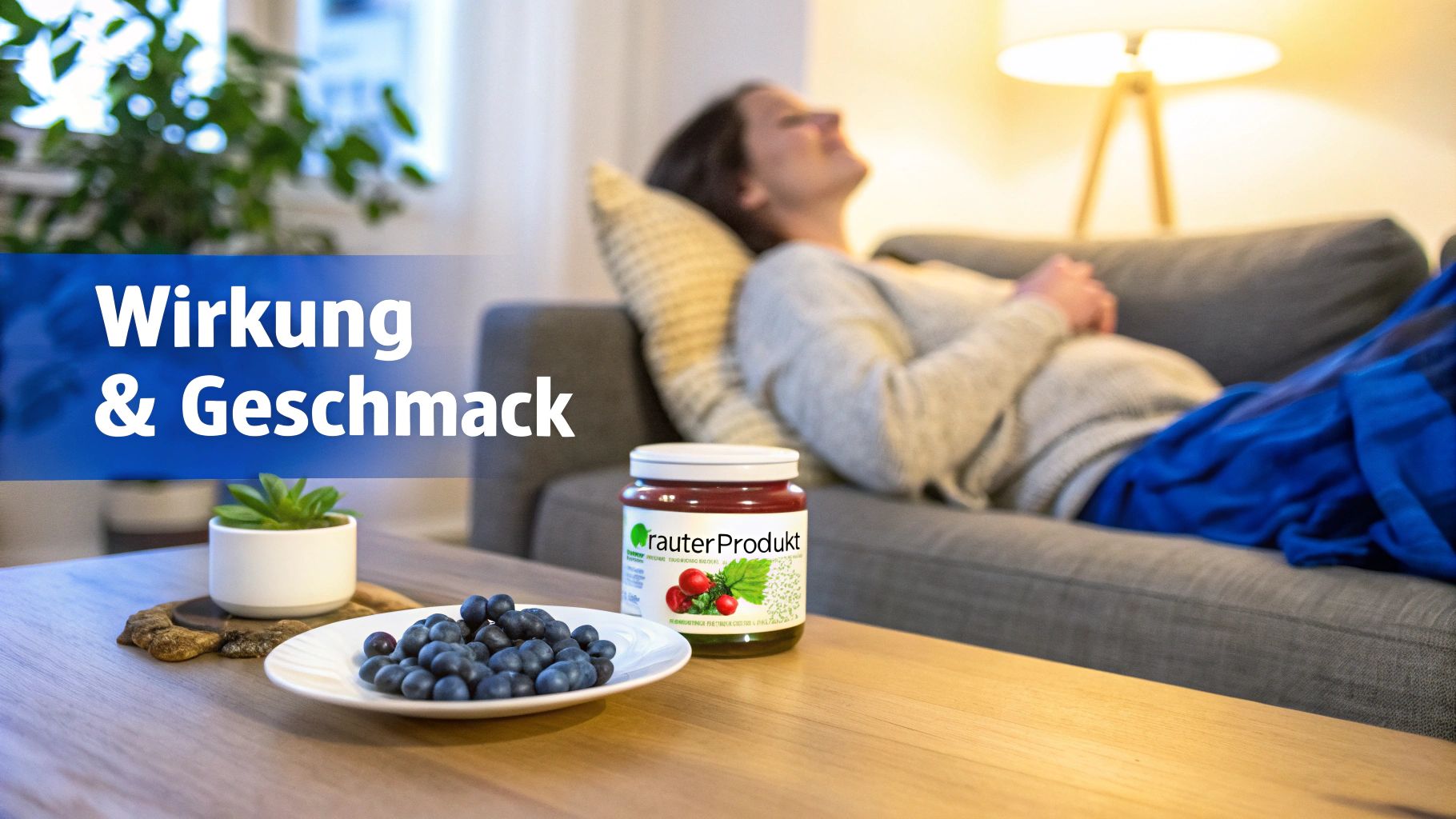 Person entspannt auf Sofa, während Kräuterprodukt-Glas und frische Heidelbeeren auf einem Holztisch stehen.