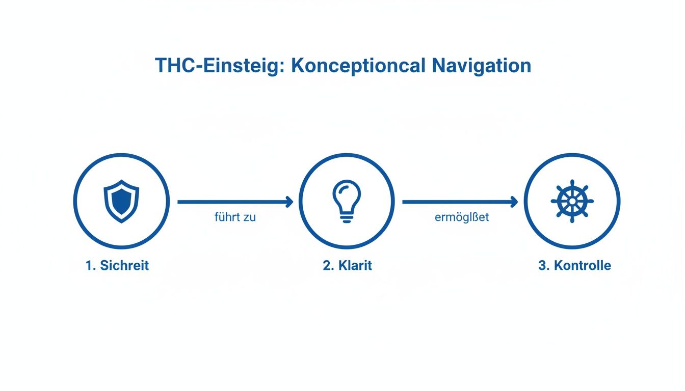 Ein konzeptionelles Diagramm, das einen Fluss von Sicherheit über Klarheit zu Kontrolle mit entsprechenden Icons zeigt.