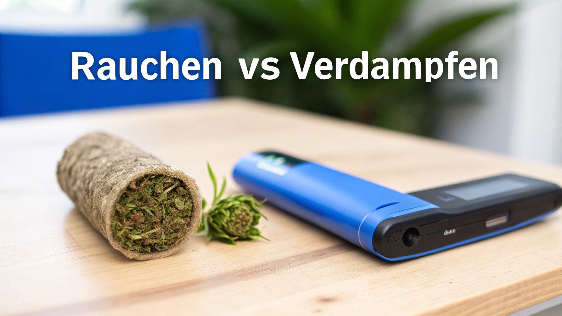 Ein Joint, Cannabispflanzen und ein Vaporizer auf einem Holztisch mit dem Text „Rauchen vs Verdampfen“.