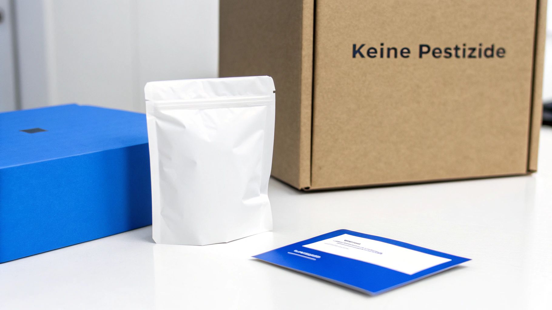 Weiße Standbodenbeutel, blaue Box, brauner Karton mit „Keine Pestizide“-Aufschrift und Informationsbroschüre auf weißem Tisch.