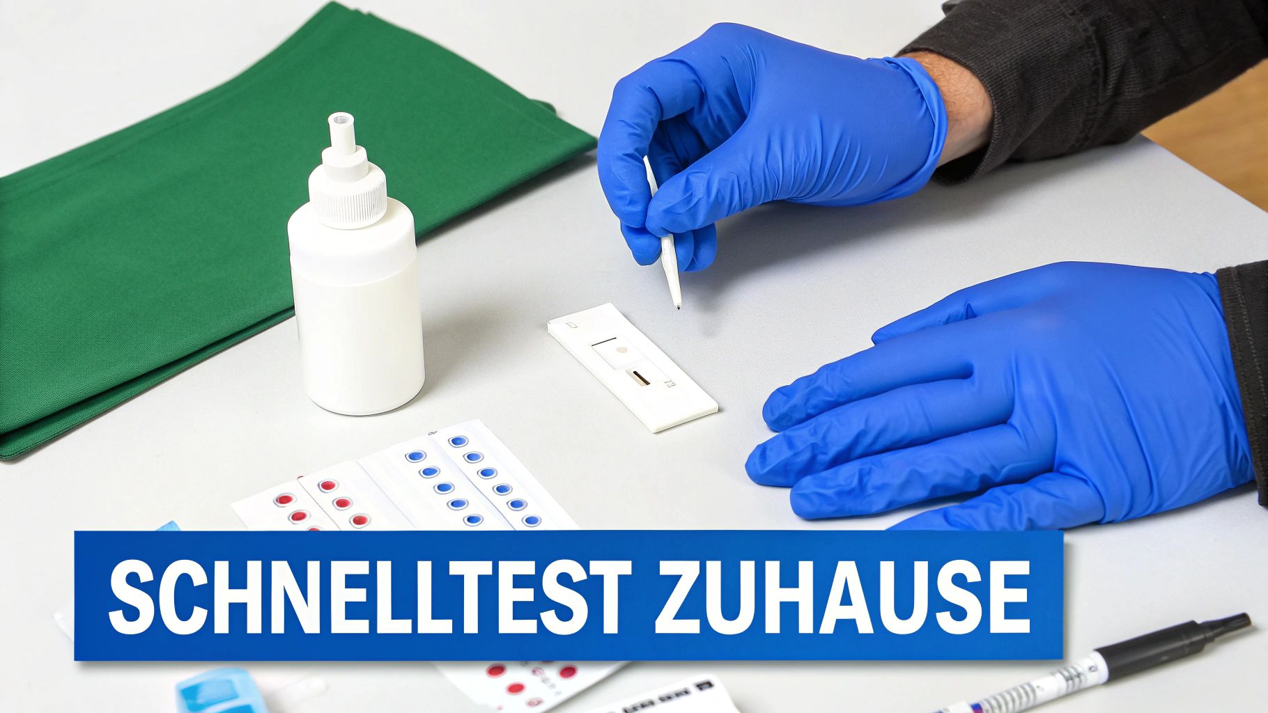 Person in blauen Handschuhen führt zu Hause einen Schnelltest durch, mit Testkit und Zubehör auf dem Tisch.