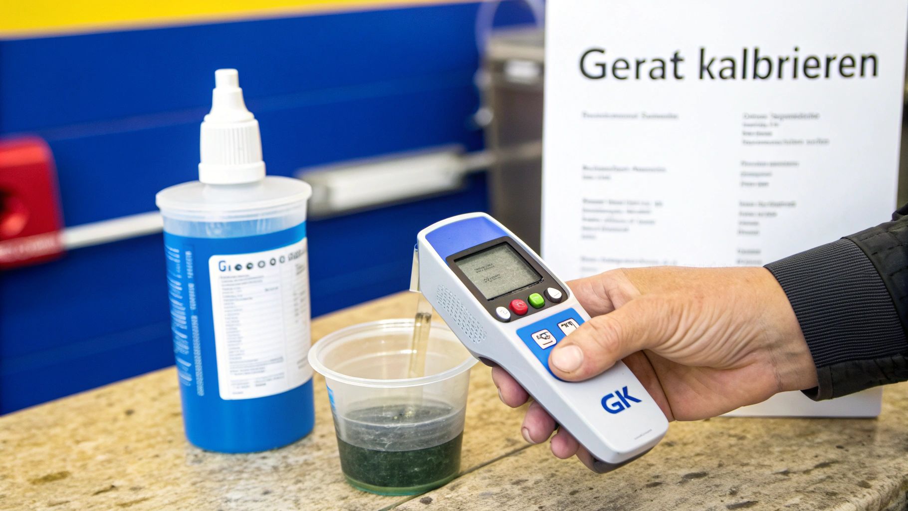 Eine Hand kalibriert ein Messgerät mit einer grünen Flüssigkeit und einer blauen Flasche.