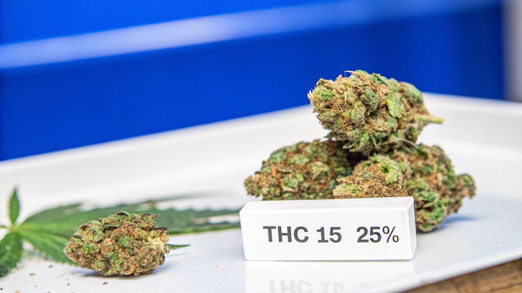 Grüne Cannabisblüten mit einem Schild, das den THC-Gehalt von 15-25% anzeigt.