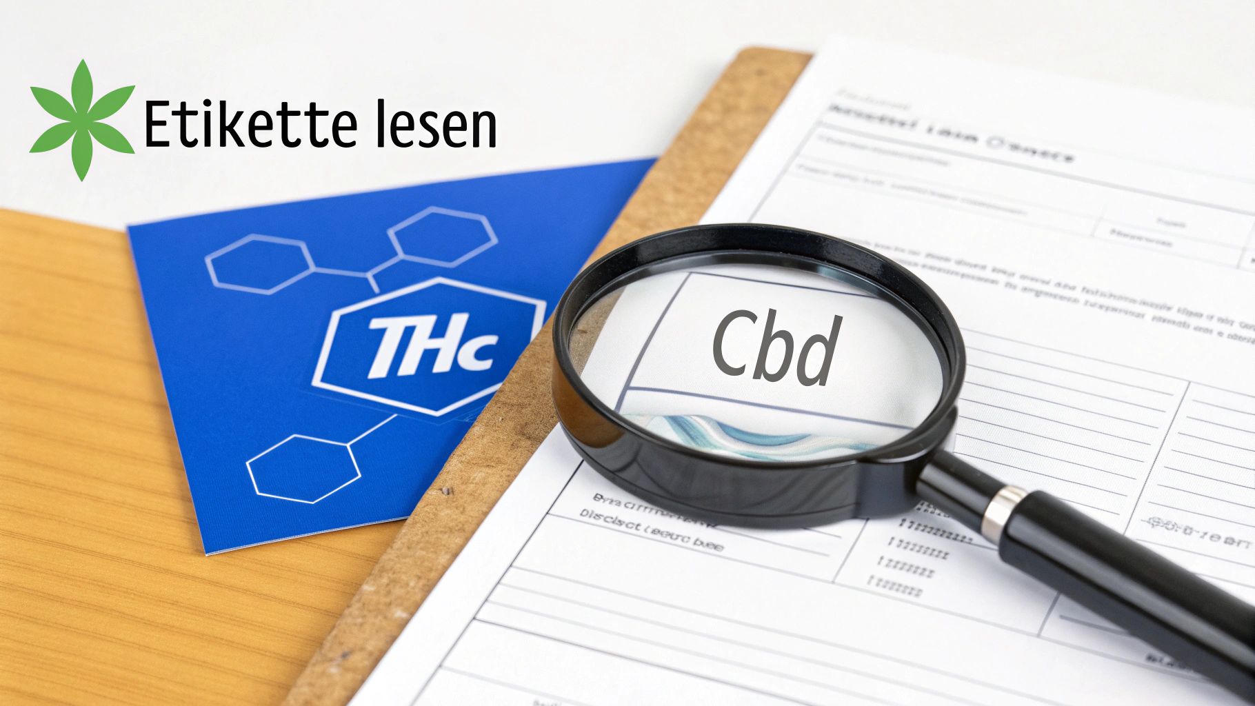 Vergrößerungsglas auf Dokument mit 'Cbd' und 'THc'-Karte; 'Etikette lesen' mit Cannabisblatt.
