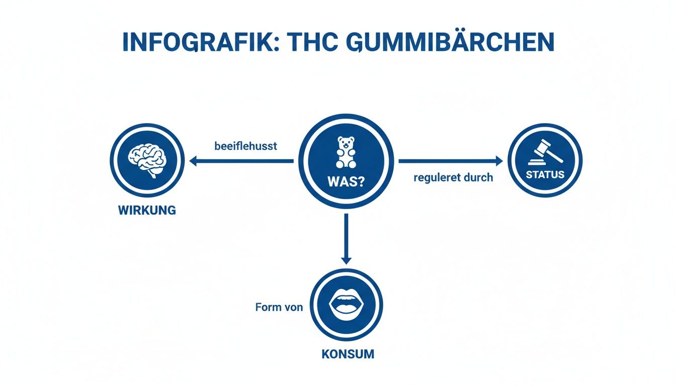Infografik über THC Gummibärchen, die Wirkung auf das Gehirn, den rechtlichen Status und die Konsumform darstellt.