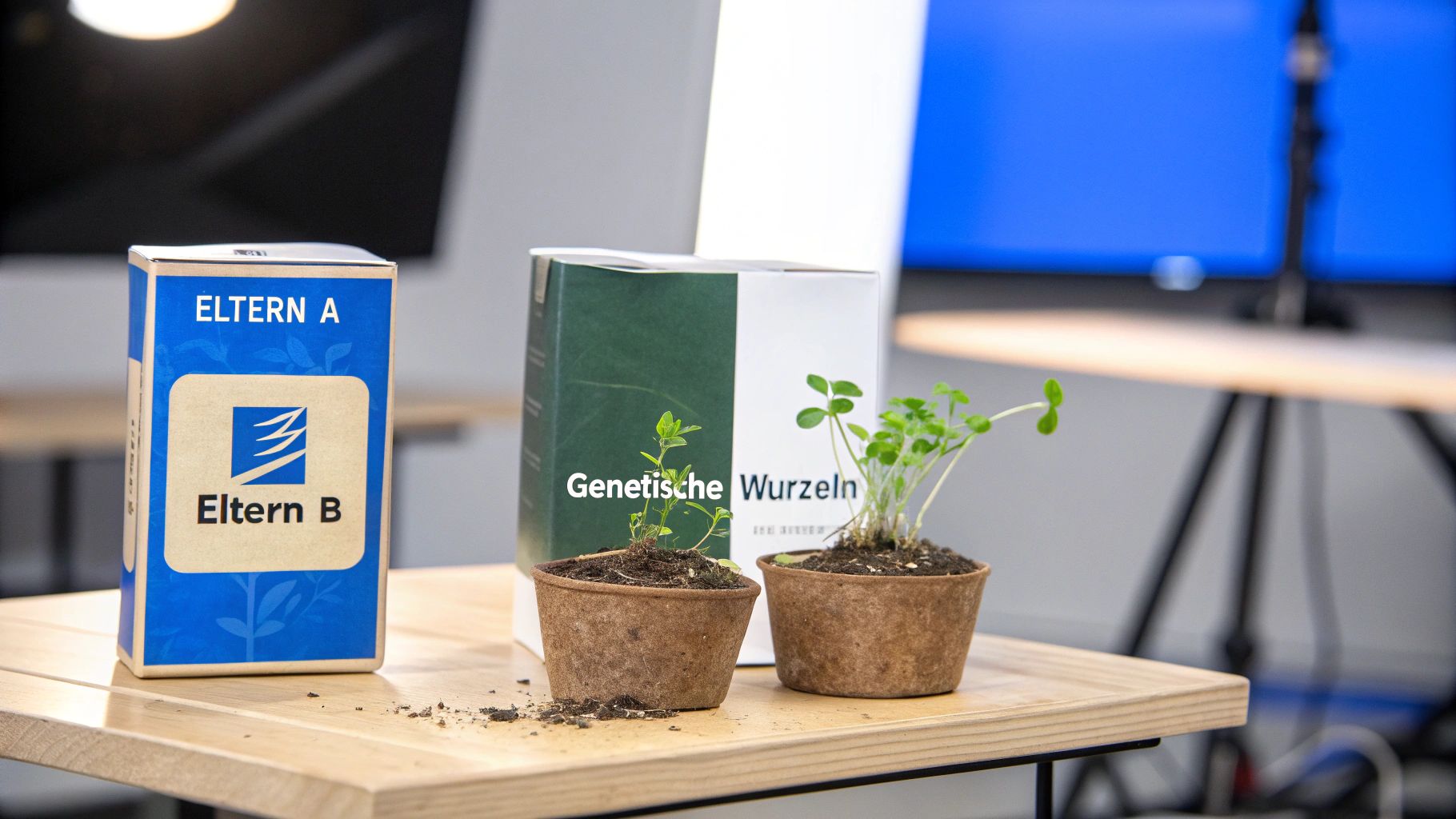 Zwei kleine Pflanzen in Töpfen, umgeben von zwei Produktboxen auf einem Holztisch.