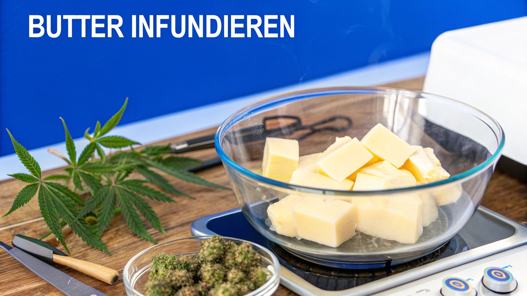 Cannabisblätter und -blüten neben einer Schale mit Butter auf einer Waage, bereit zur Infusion.