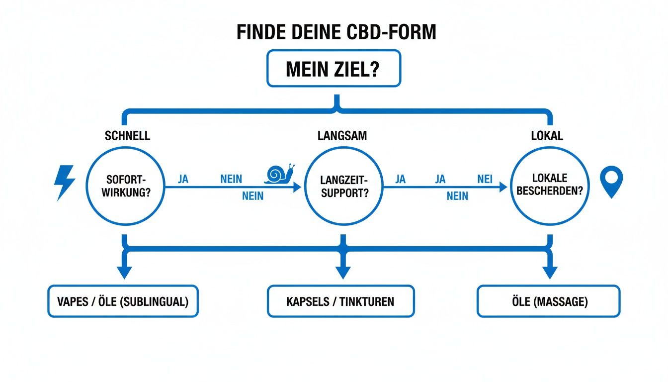 Flussdiagramm zur Wahl der passenden CBD-Form: schnell, langsam oder lokal, mit Empfehlungen für Vapes, Öle, Kapseln und Tinkturen.
