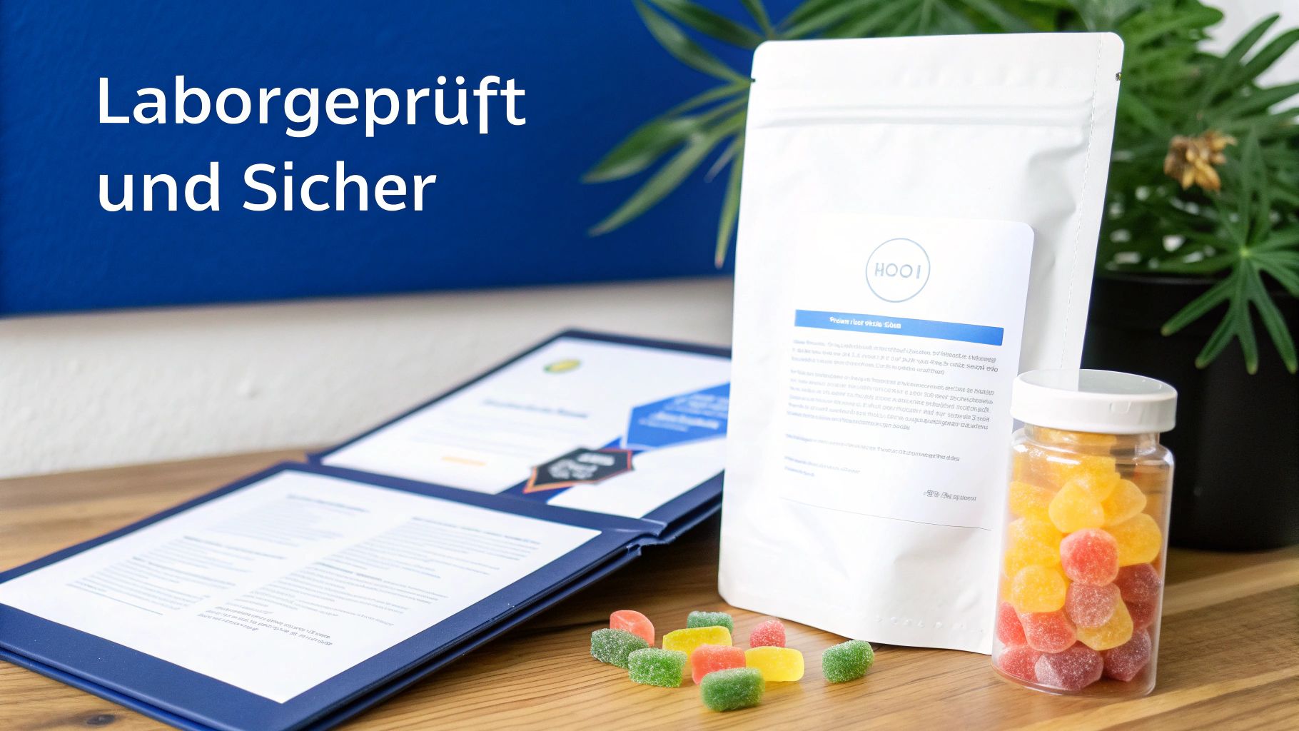 Laborgeprüfte Gummibärchen und Dokumente, die Sicherheit und Qualität des Produkts belegen.
