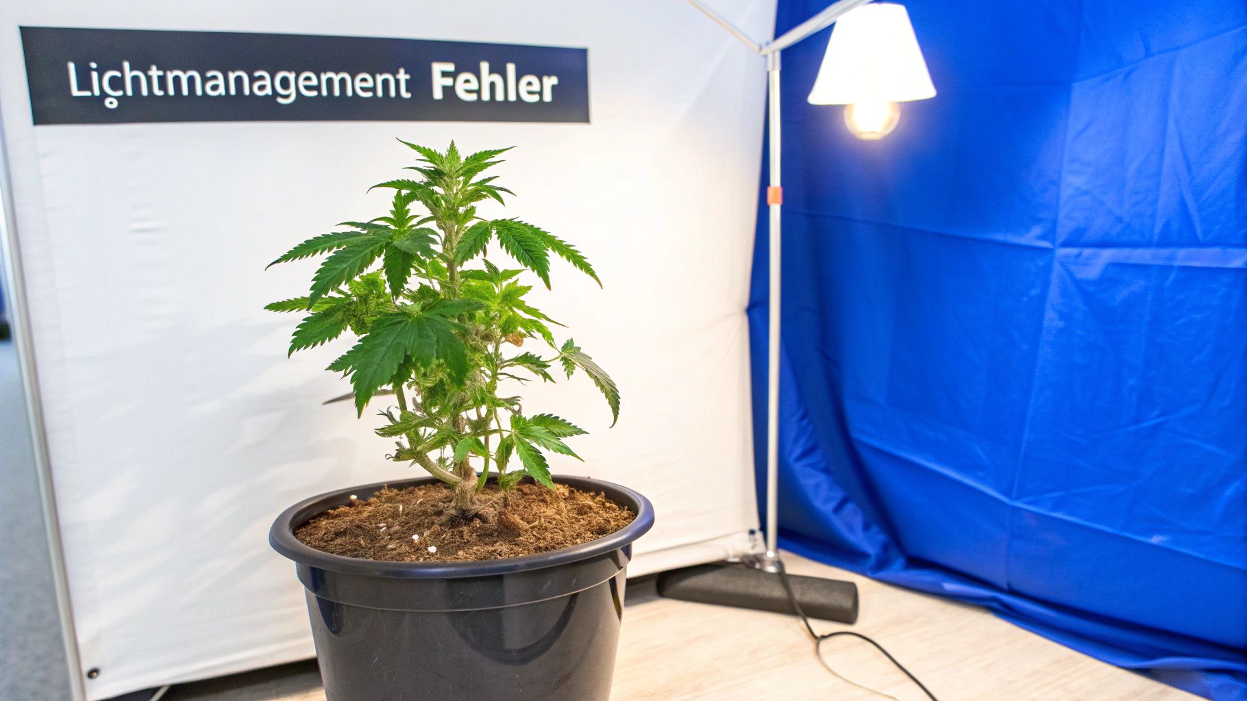 Eine grüne Cannabis-Pflanze in einem Topf unter einer eingeschalteten Grow-Lampe, im Hintergrund ein Banner mit der Aufschrift 'Lichtmanagement Fehler'.