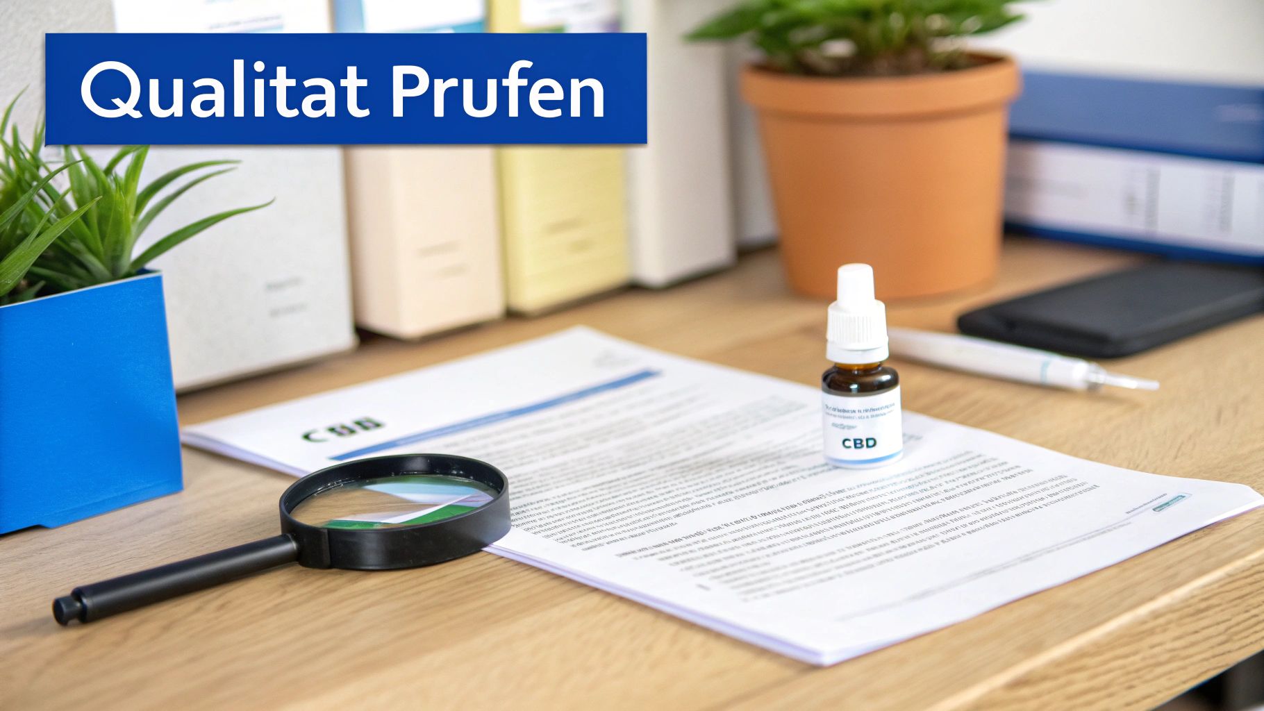 Ein Schreibtisch mit Dokumenten, einer Lupe, einer CBD-Flasche und dem Schriftzug "Qualität Prüfen" auf einem Banner.