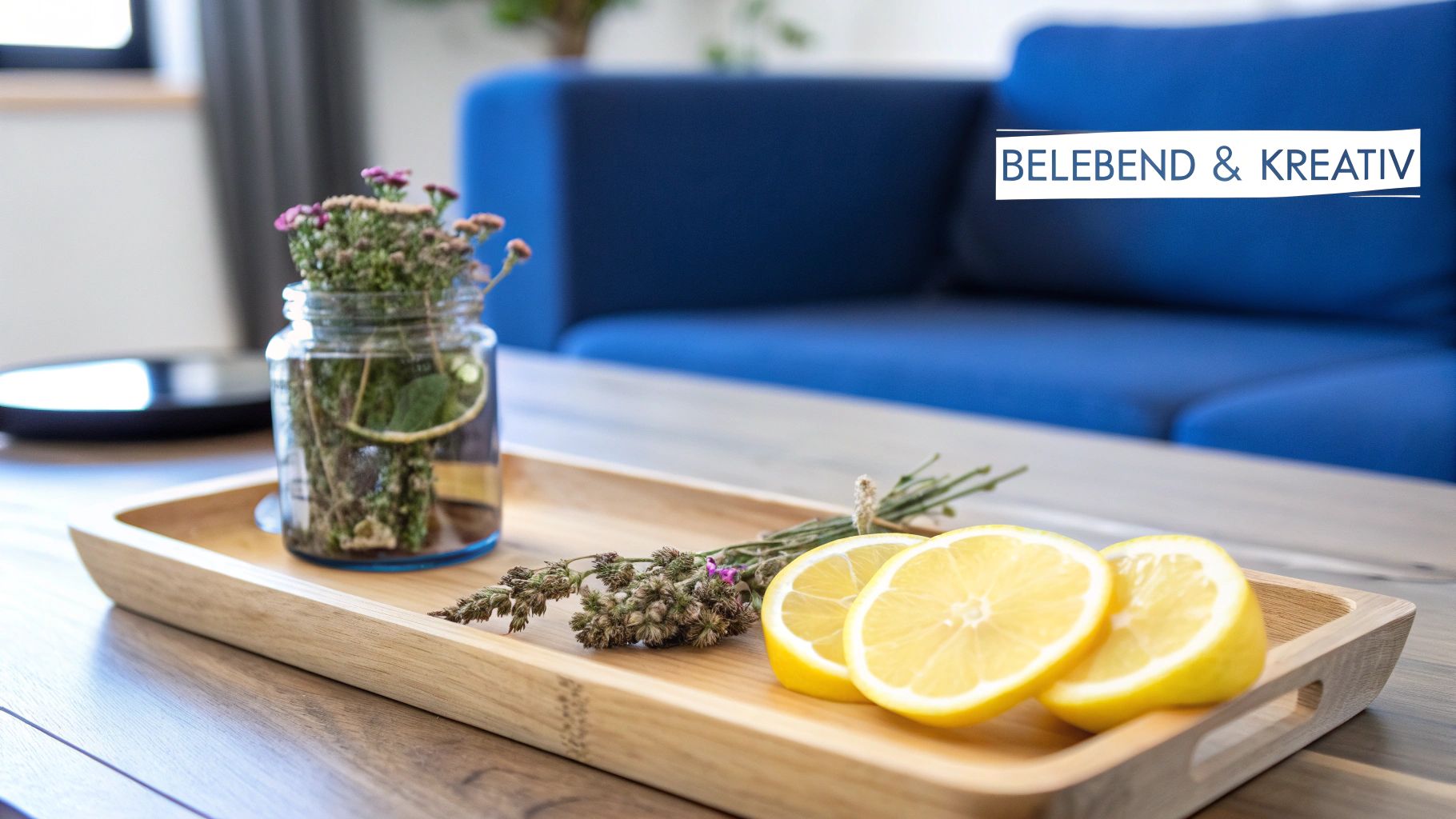 Ein Holztablett mit einem Glas voller Blumen, getrockneten Kräutern und frischen Zitronenscheiben auf einem Tisch.