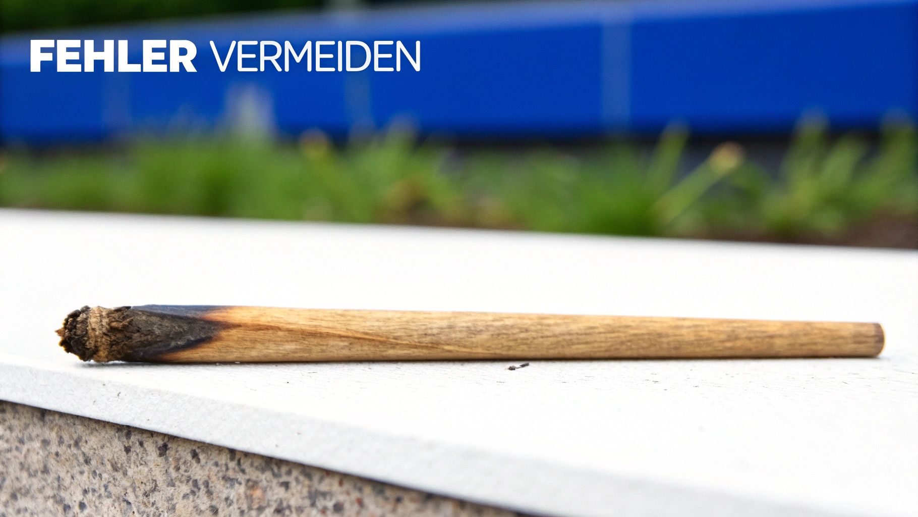 Das Bild zeigt den Schriftzug "FEHLER VERMEIDEN" über einem teilweise verbrannten Joint auf einer Oberfläche.