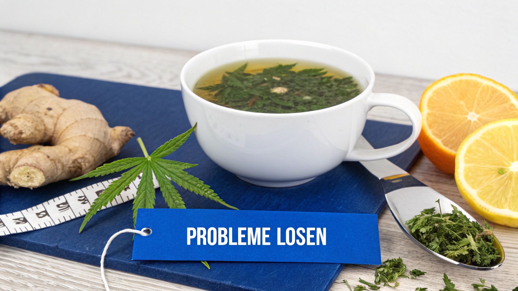 Ein Glas Cannabis-Tee mit Ingwer, Zitrone, Orange und einem Label 'PROBLEME LOSEN'.