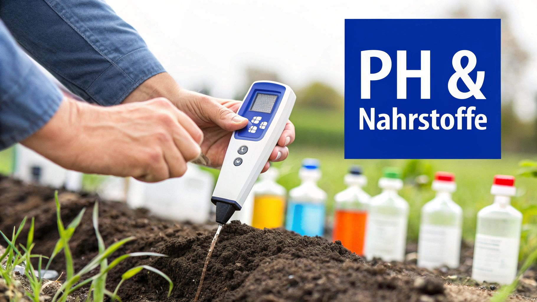 Gärtner misst mit einem digitalen Gerät den pH-Wert und Nährstoffe des Bodens im Gartenbeet.