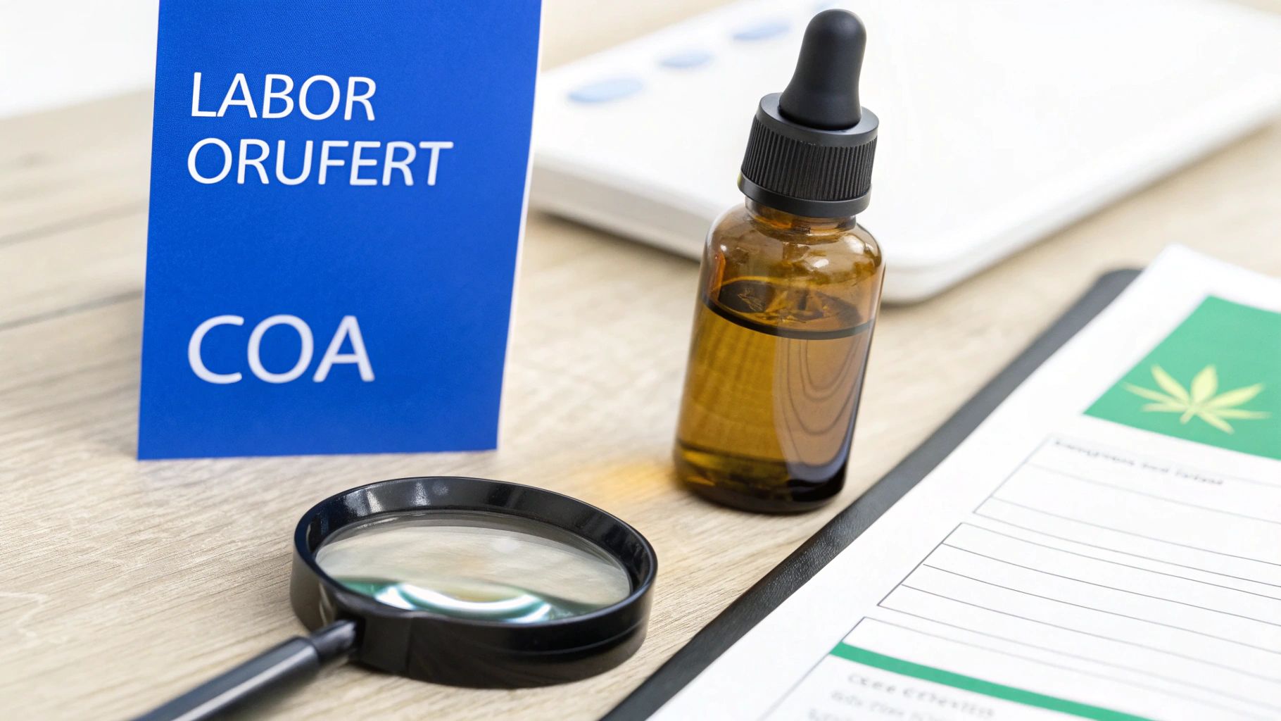 Blauer COA-Laborbericht neben einer CBD-Ölflasche, Lupe und Cannabis-Symbol auf einem Dokument.