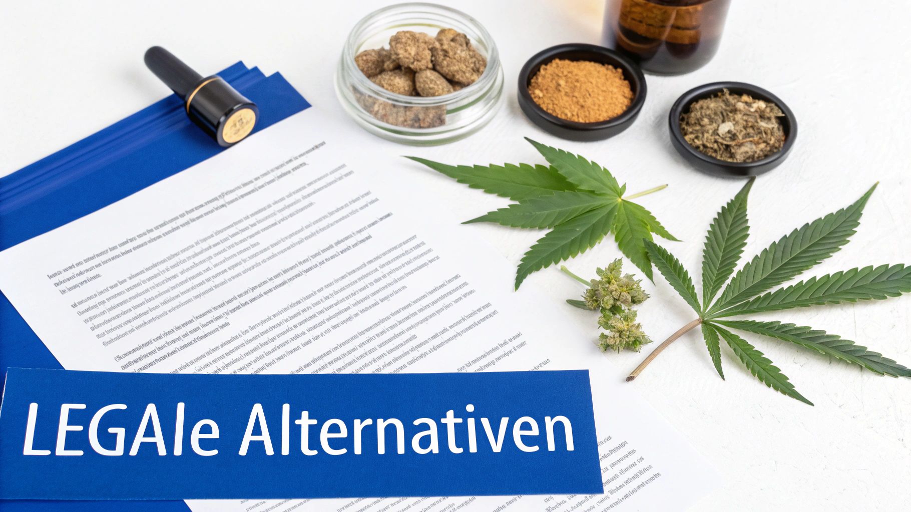 Verschiedene Hanfprodukte, Cannabisblätter und -blüten auf Dokumenten mit Text „LEGALE Alternativen“.