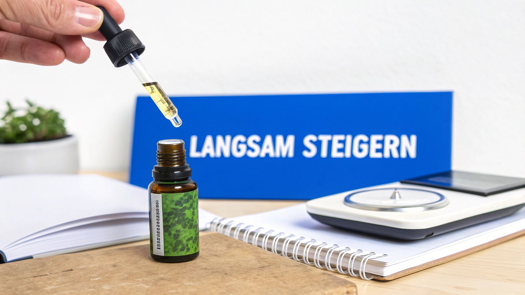Hand tropft gelbes CBD-Öl aus Pipette in Flasche; blauer Hinweis 'LANGSAM STEIGERN' im Hintergrund.