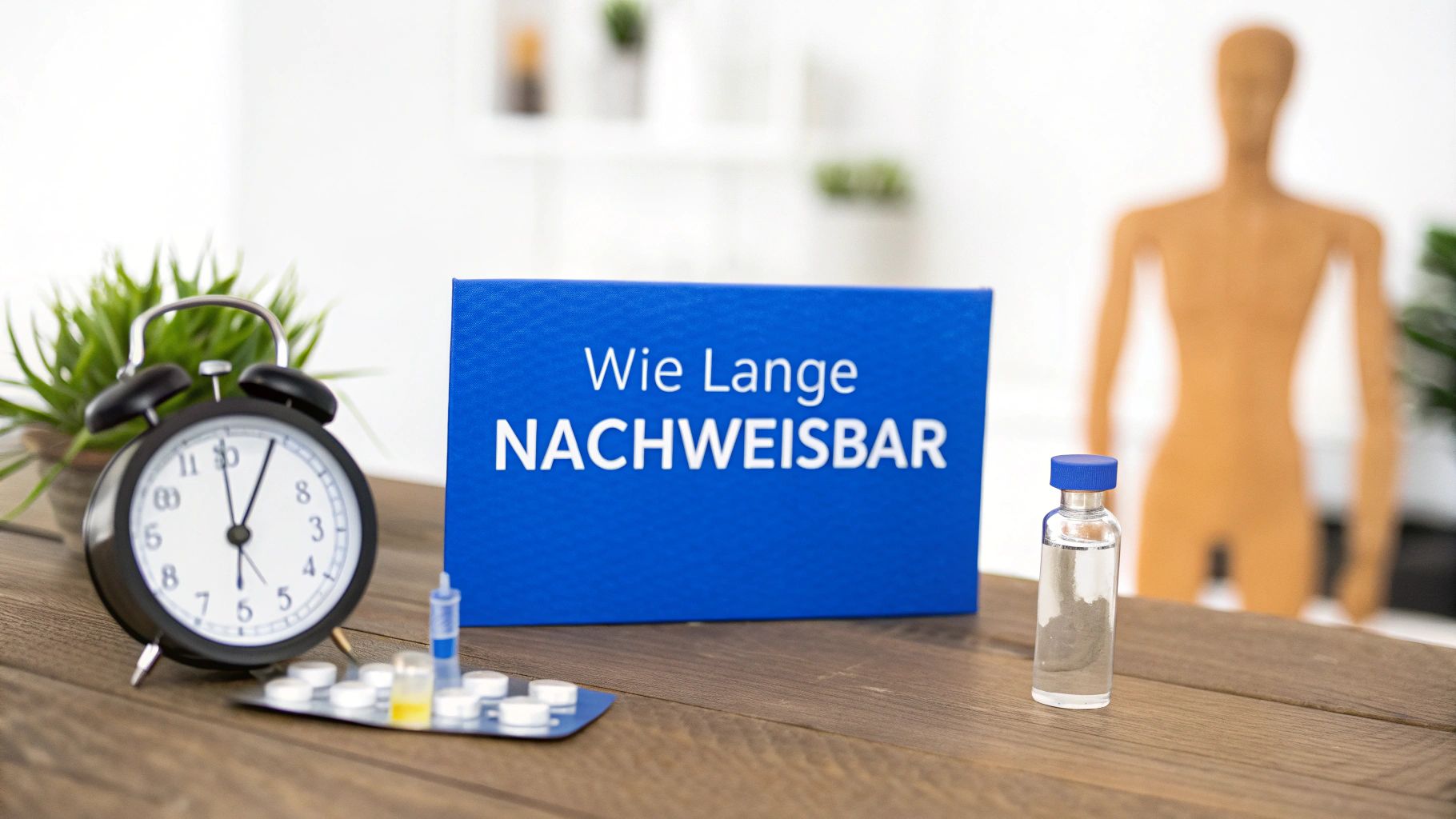 Blaue Tafel mit Aufschrift 'Wie Lange NACHWEISBAR' neben einer Uhr, Medikamenten und einer Spritze.