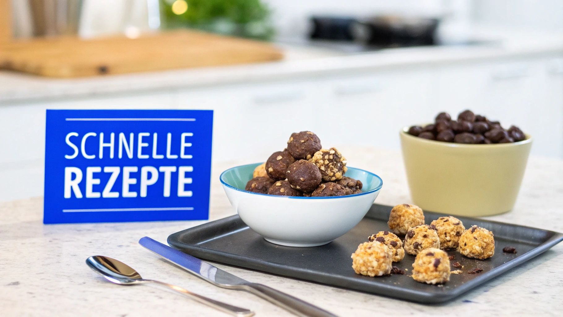 Ein Schild mit 'SCHNELLE REZEPTE' steht vor einer Auswahl an Energiebällchen und Snacks auf einem Küchentresen.