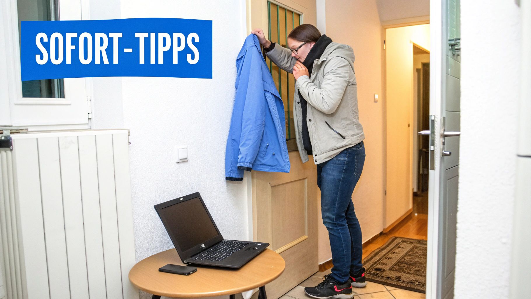 Frau kommt nach Hause, hängt Jacke auf, Laptop und Handy auf Tisch bereit.