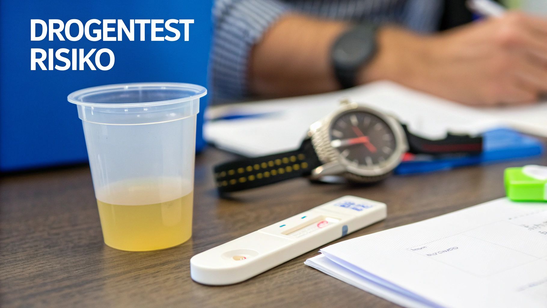 Ein Plastikbecher mit Urin und ein Drogenteststreifen auf einem Tisch, der das Risiko von Drogentests hervorhebt.