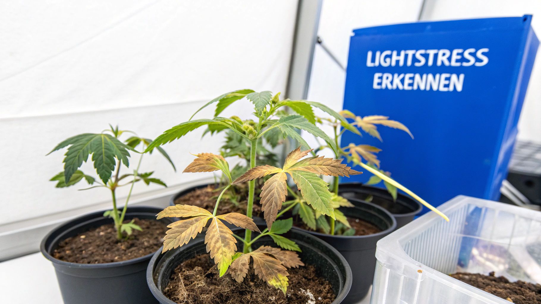 Cannabispflanzen in Töpfen, einige mit Lichtstress und braunen Blättern, im Vordergrund; im Hintergrund ein blaues Schild mit 'LIGHTSTRESS ERKENNEN'.